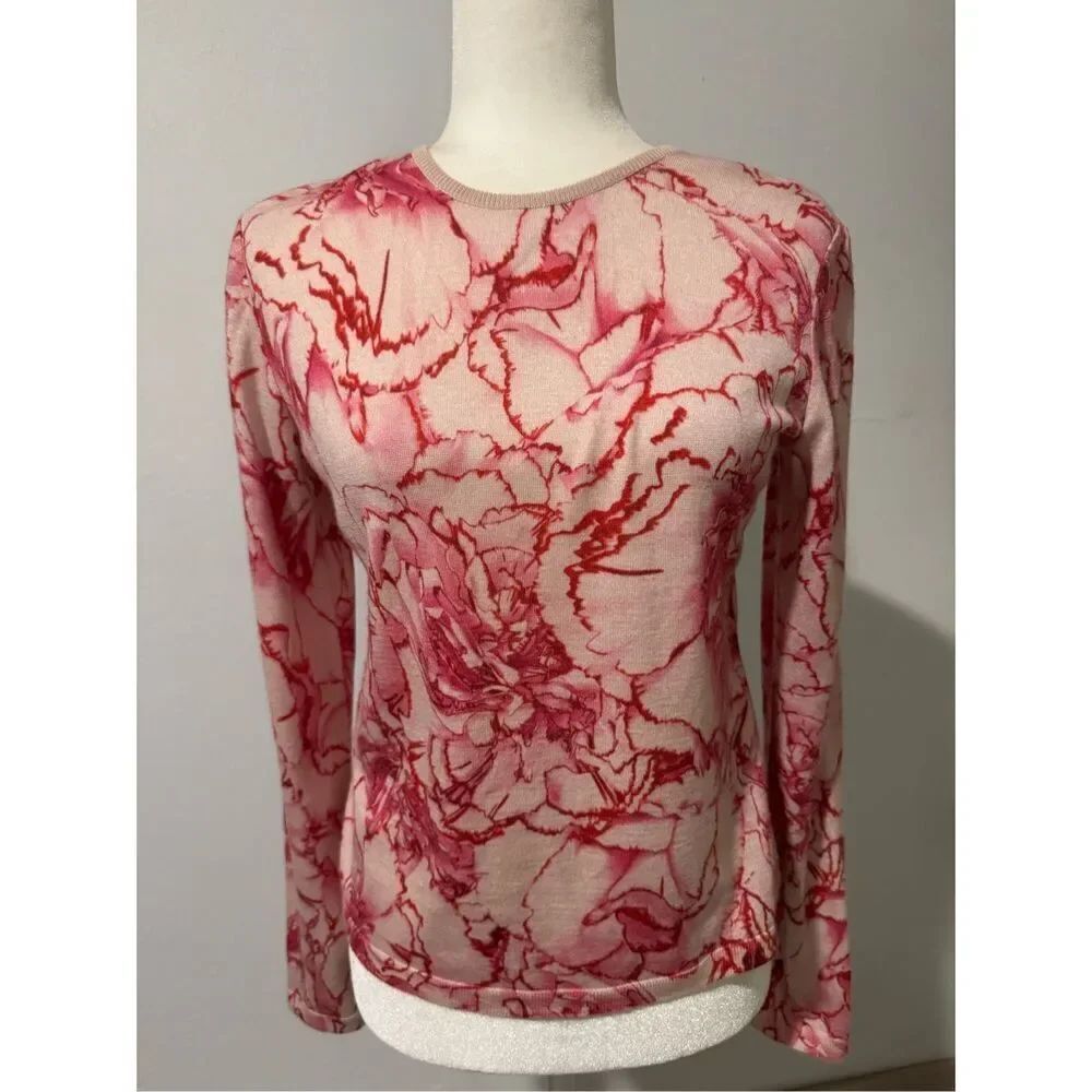 Giambattista Valli Paris pink floral cashmere silk blend sweater Top 44 M